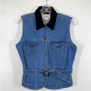 Vintage Tangibles Denim Button Front Velvet Collar Vest Size Small